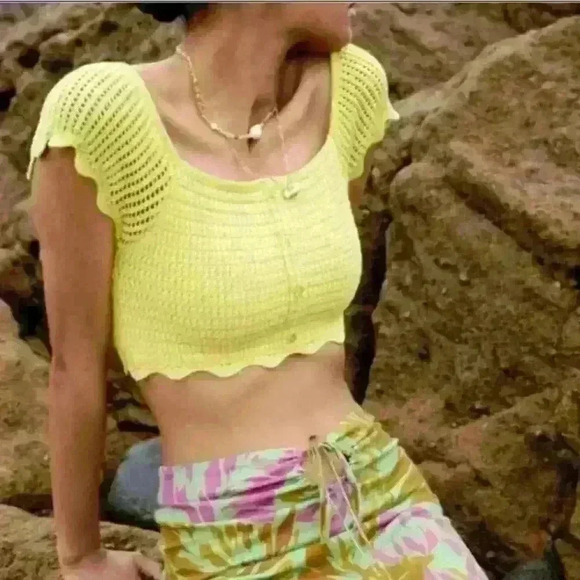 Zara Women's Off The Shoulder Cropped Sweater Size Small Lime Green Stretch Knit - Picture 1 of 7